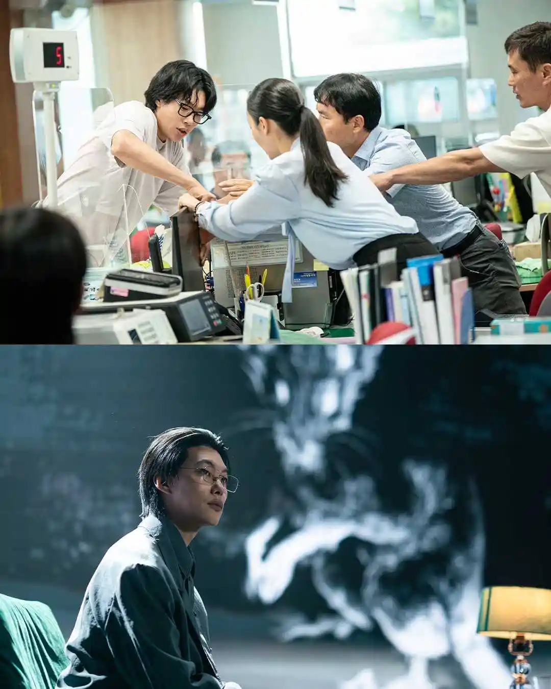 넷플릭스 들쥐에서 사무실 몸싸움 장면과 어두운 공간에 홀로 앉아 있는 인물을 담은 스틸
