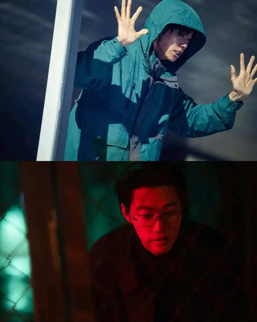 넷플릭스 들쥐 결말에서 후드와 안경을 쓴 인물과 붉은 조명 아래 정돈된 인물을 대비한 두 장면