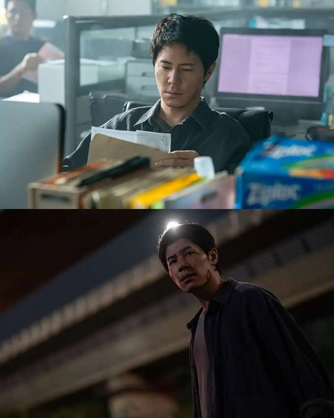 넷플릭스 들쥐에서 형사 순용 역 이규형의 수사 장면과 어두운 밤 장면