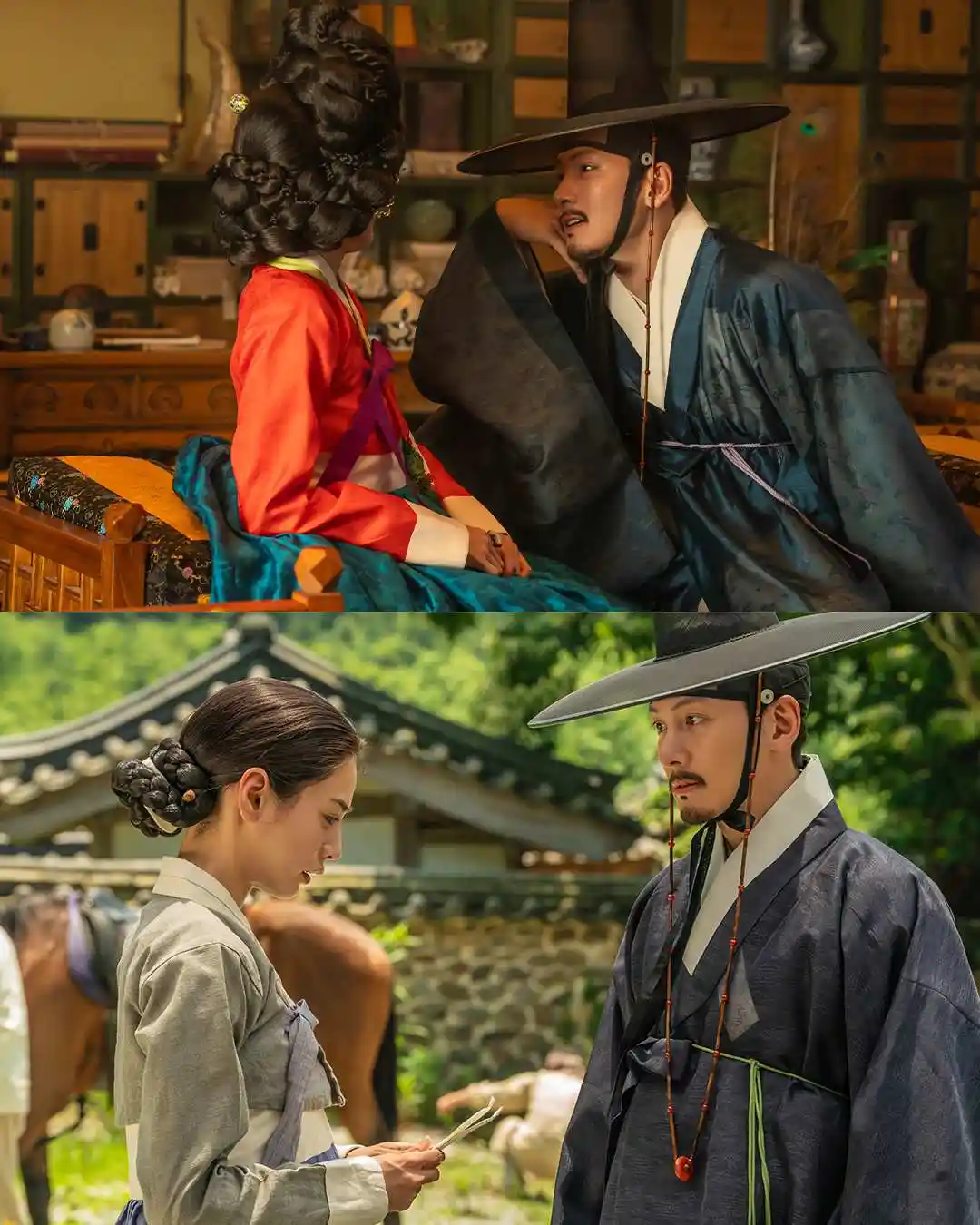 넷플릭스 스캔들에서 푸른 한복의 남성이 서로 다른 두 여성과 마주하는 장면을 위아래로 배치한 스틸