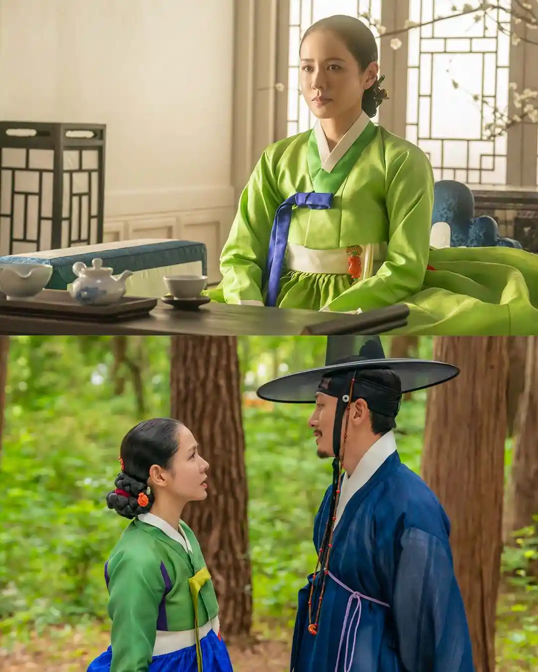 넷플릭스 스캔들에서 연두색 한복을 입은 여성과 푸른 한복을 입은 남성이 숲에서 마주 선 장면을 함께 배치한 스틸