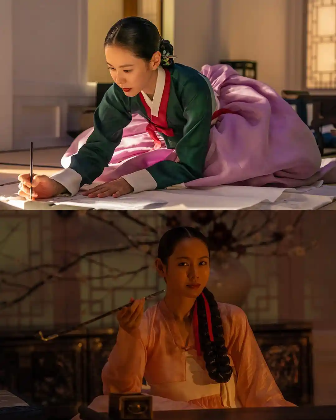 한복을 입은 여성이 방 안에서 붓글씨를 쓰고 촛불 앞에 앉아 있는 두 장면의 스캔들 스틸
