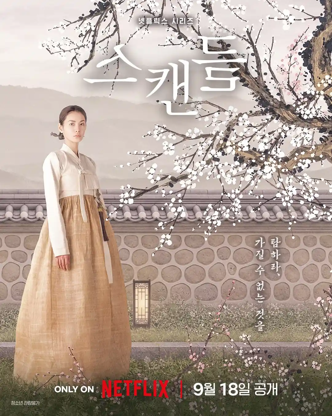매화나무와 돌담 앞에 한복을 입은 여성이 서 있는 넷플릭스 스캔들 세로 포스터